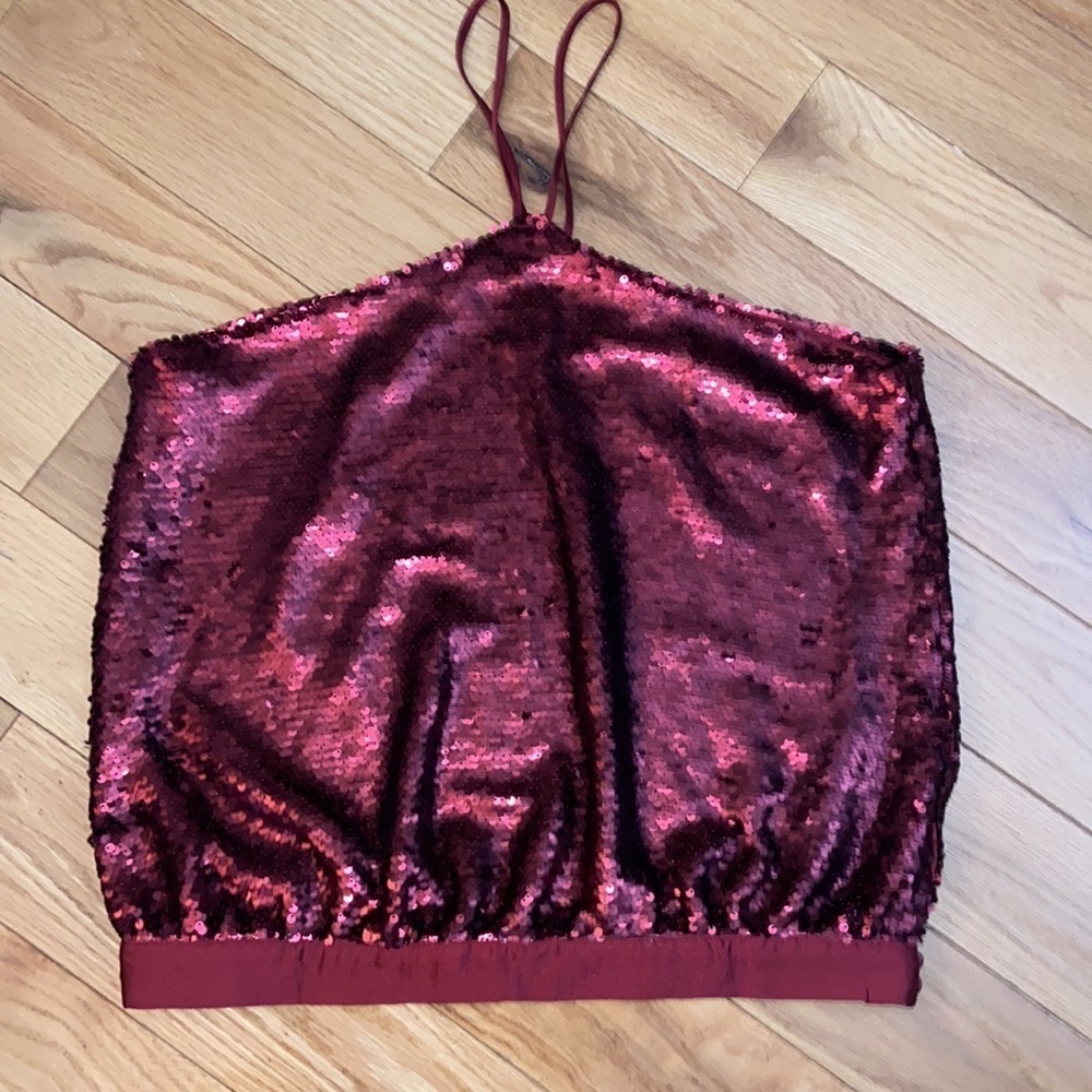 Anthropologie Sunday in Brooklyn Sequined Halter Top, size M, deep red, GUC - Picture 4 of 8